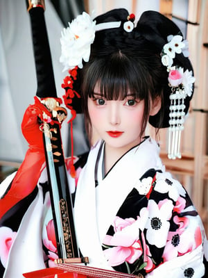 1girl, solo, hair ornament, holding, jewelry, monochrome, upper body, weapon, flower, greyscale, japanese clothes, sword, hair flower, kimono, holding weapon, mole, lips, sash, mole under eye, holding sword, katana, sheath, sheathed, realistic