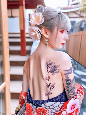 1girl, solo, bangs, hair ornament, red eyes, bare shoulders, jewelry, closed mouth, upper body, braid, flower, grey hair, sidelocks, earrings, outdoors, japanese clothes, looking back, hair flower, blunt bangs, kimono, off shoulder, from behind, blurry, tattoo, profile, blurry background, back, floral print, blue flower, stairs, crown braid, shoulder tattoo, nape, back tattoo, flower tattoo