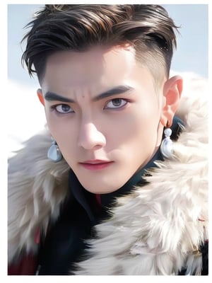 solo, looking at viewer, simple background, 1boy, white background, jewelry, closed mouth, monochrome, upper body, greyscale, male focus, earrings, fur trim, scar, border, portrait, scar on face, hair slicked back