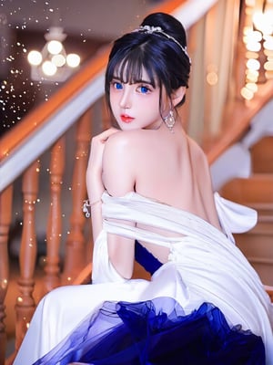 1girl, solo, long hair, breasts, looking at viewer, blue eyes, black hair, long sleeves, dress, bare shoulders, jewelry, sitting, earrings, parted lips, looking back, indoors, necklace, off shoulder, from behind, blurry, lips, depth of field, blurry background, blue dress, single hair bun, ring, tiara, gem, veil, light particles, stairs, glint, backless outfit, off-shoulder dress, backless dress, blue gemstone, updo, head chain