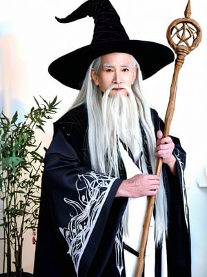 solo, long hair, long sleeves, 1boy, hat, holding, very long hair, standing, monochrome, white hair, greyscale, male focus, wide sleeves, witch hat, facial hair, plant, staff, beard, robe, mustache, holding staff, old, old man, wizard