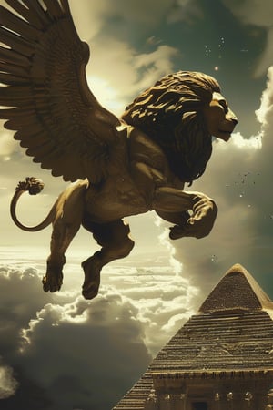 Imagine the Sphinx, the legendary giant lion, soaring through the sky with majestic wings spread. Its body is sleek and muscular, its fur gleaming, and its powerful wings glittering in the sun. The background should include a striking skyline, with clouds and particles creating a sense of movement and freedom. Photographing the Sphinx in flight against a historic Egyptian temple or a grand royal procession could emphasize its role in myth and legend.