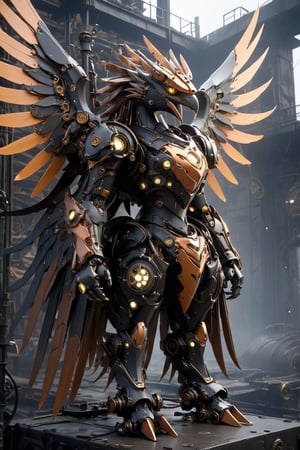 A griffin,made from gears rusted metal, and glowing parts, with its wings spread wide. The griffin's body is an intricate assembly of interlocking gears and corroded metal plates, giving it a rugged, industrial appearance. Its eyes and certain joints feature glowing, luminescent elements that pulse with an eerie light. The wings, constructed from overlapping metal feathers, are extended majestically, each feather adorned with tiny, glowing circuits. The background is a dark, misty landscape with hints of ancient ruins, enhancing the mythical and mechanical nature of this fantastical creature,adding to the steampunk atmosphere.",Mechanical