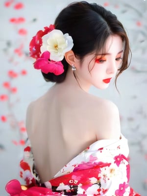 1girl, solo, breasts, looking at viewer, blush, hair ornament, bare shoulders, upper body, flower, japanese clothes, looking back, hair flower, kimono, off shoulder, from behind, lips, back, floral print, spot color, realistic, nape