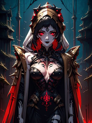 Cyberpunk priestess, pale face with intricate circuitry tattoos. Glowing red eyes, black lips. Ornate golden hood, dark robe. Mechanical neck and chest visible. Eerie forest background. Hyper-detailed, dramatic lighting, digital art style. Gothic and futuristic blend