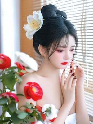 1girl, solo, black hair, hair ornament, bare shoulders, flower, hair flower, hair bun, nail polish, blurry, lips, fingernails, looking down, plant, blinds