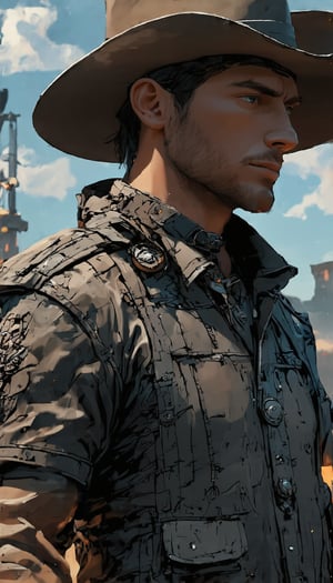 (Artists Ian McQue and Simon Stalenhag have conceived a character from a 50s American Western cowboy film in the style of the 1920s, which will be depicted with perfect symmetry and cinematic lighting, creating an atmospheric, complex and elegant scene. This highly detailed digital painting will be rendered in 8k resolution and post-processed to enhance its sharp focus and illustration quality, making it a piece that could go viral on Pinterest or appear on Harper's Bazaar as a piece of concept art, similar to the work of Artgerm and Tom Bag), Detailed textures, High quality, High resolution, High precision, Photorealism, Color correction, Proper lighting setup, Harmonious composition, Behance work