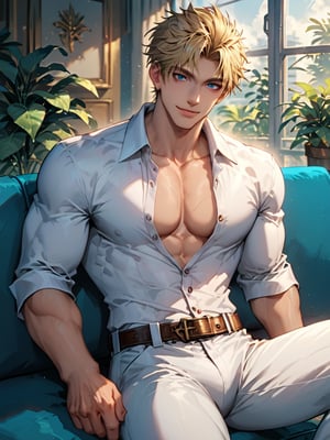 solo, looking at viewer, smile, short hair, blue eyes, blonde hair, shirt, 1boy, sitting, white shirt, male focus, cowboy shot, collared shirt, belt, pants, indoors, window, muscular, pectorals, plant, muscular male, couch, white pants, partially unbuttoned, pectoral cleavage