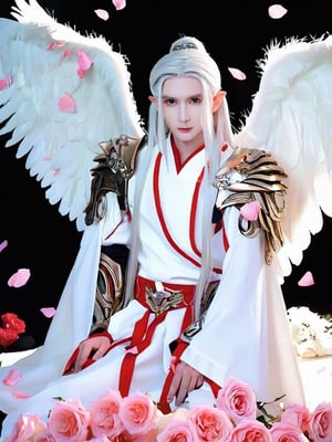 solo, long hair, 1boy, flower, white hair, male focus, wings, armor, petals, rose, feathered wings, pink flower, angel wings, robe, white wings, angel, pink rose