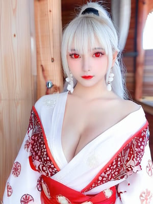 1girl, solo, long hair, breasts, looking at viewer, blush, bangs, large breasts, red eyes, long sleeves, cleavage, hair between eyes, jewelry, closed mouth, collarbone, ponytail, white hair, sidelocks, earrings, japanese clothes, kimono, lips, sash, obi, white kimono