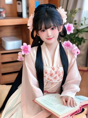 1girl, solo, long hair, looking at viewer, smile, bangs, black hair, hair ornament, long sleeves, dress, sitting, closed mouth, braid, flower, indoors, hair flower, blurry, black eyes, head tilt, book, blurry background, pink flower, realistic