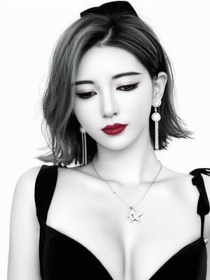 1girl, solo, breasts, simple background, white background, cleavage, jewelry, monochrome, closed eyes, upper body, greyscale, earrings, lips, eyelashes