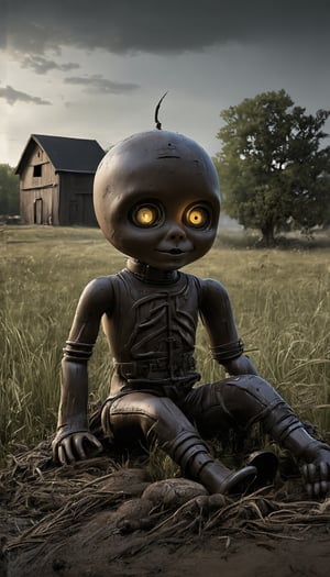 (A sinister doll with one arm dangling from its socket sits in a field before a farmhouse. Its eyes glow ominously, while streaks of black mascara trail from its eyes. The scene is rich with detail: rust, grass, dust, and mud, all under a vast sky softly lit), Detailed texture, High quality, High resolution, High precision, Realism, Color correction, Proper lighting settings, Harmonious composition, Behance Works,FuturEvoLabStyle