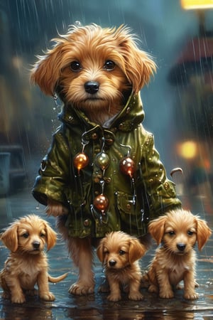 Hyper-detailed  painting, Jean-Baptiste Monge style, a gang of cute little puppies gathered in the rain  under an single black long raincoat, splash, glittering, cute and adorable, filigree, lights, fluffy, magic, surreal, fantasy, digital art, ultra hd, hyper-realistic illustration, vivid colors,  UHD, cinematic perfect light,greg rutkowski