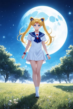 Professional masterpiece, 8k, magical fantasy in the center of the moonlight, a Sailor Moon (Tsukino Usagi) with flowing hair, walking under a beautiful blue moon, moody mist atmosphere, high resolution, best quality , Dramatic, Cinematic, Epic, Pantone Analog Style, (Concept Art, Digital Art, Realistic, Dynamic, (Curve Perspective), High Viewing Point, Establishing Shot, Low Depth of Field, Tilt Shift, Iris Blur, Bokeh, Sharp Definition , Fine Intricate Detail, Excellent Lighting, Warm Dappled Soft Lighting, Volumetric Lighting, Detailed Highlights, Edge Lighting, Low Profile