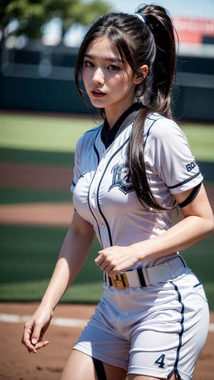 8k, Best Quality, Masterpiece: 1.2), (Photorealistic, Realistic: 1.37), Ultra-Detailed, Best Quality, Ultra High Definition, Professional Lighting, Photon Mapping, Radiosity, Physically Based Rendering, Cinematic Lighting , baseball field, depth of field, focus, sun rays, good composition, (bokeh: 1.2), 1 girl, (full body), (closed mouth), beautiful eyes, pose, contraction, tight baseball uniform, tight baseball Shorts, black hair, tied in a ponytail, messy hair, long hair fluttering in the wind, tall figure, big breasts, somewhat sexy clothing