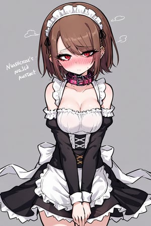 1girl, solo, short hair, brown hair, red eyes, collar,maid,blush