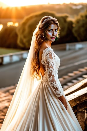  A stunning masterpiece of a bride, posed in a golden hour glow, stands majestically on a stone staircase by the water. Her clear face is framed in a closed-up front view, with a radiant smile and ((big warm grin)). The soft, brown hair cascades down her back like a waterfall. A breathtaking ((Sapphire glowing pupils)) stare directly at the viewer, as if sharing a secret. The best quality lighting casts a flattering glow on her flawless, medium-breasted physique, adorned in a stunning white wedding dress with intricate lace and pearl embellishments. Her hand rests confidently on her hip as she dances, her long sleeve dress flowing like silk behind her. The mottled light and shadow add depth to the scene, capturing the essence of this unforgettable moment