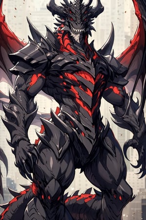 solo, red eyes, standing, tail, cowboy shot, wings, horns, teeth, armor, no humans, glowing, sharp teeth, glowing eyes, claws, monster,dragonknight