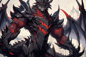 solo, red eyes, standing, tail, cowboy shot, wings, horns, teeth, armor, no humans, glowing, sharp teeth, glowing eyes, claws, monster,dragonknight