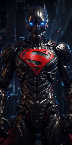 (Amazing art)  a Superman from DC photography, biomechanical, complex robot, full growth, hyper-realistic, insane small details, extremely clean lines, cyberpunk aesthetic, masterpiece featured on Zbrush Central,this image is a masterpiece of photo digital art, perfect for a themed phone wallpaper,Mecha