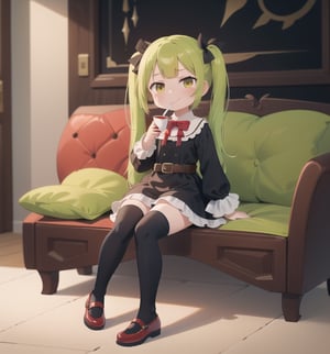 1girl, loli, masterpiece, solo, teacup, drinking_tea, green_hair, twintails, gothic_lolita, black_dress, red_shoes, buckle_shoes, sitting, black_thighhighs, smug, yellow_eyes, looking_at_viewer