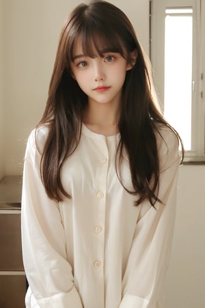 High Quality, Lossless, Clean, Raw, High Quality, Lossless, Clean, Raw, HD, girl, alone, clear lights, bangs in her hair, yellow eyes, beautiful girl, perfect body, Color Booster,Realism,Portrait, White pajamas, Pajamas, (Shy expression:1.5), Lying, Flirtatious smile, Pajamas Dress 