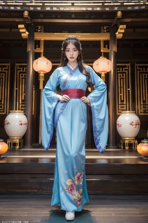 8K, HD quality, long shot,panoramic, realistic, full body shot, (photo realism: 1.9), Envision a radiant girl proudly parading down a well-lit runway in luxurious traditional Chinese Hanfu. Her posture and grace accentuate the magnificence and cultural heritage of the attire, creating a harmonious blend of ancient elegance and contemporary fashion