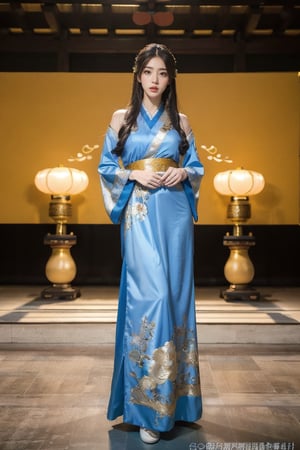 8K, HD quality, long shot,panoramic, realistic, full body shot, (photo realism: 1.9), Envision a radiant girl proudly parading down a well-lit runway in luxurious traditional Chinese Hanfu. Her posture and grace accentuate the magnificence and cultural heritage of the attire, creating a harmonious blend of ancient elegance and contemporary fashion