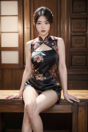 8K, high-definition quality, long lens, panoramic, realistic, full-body shooting (photo realism: 1.9), imagine a radiant girl wearing a luxurious traditional Chinese cheongsam sitting proudly on a brightly lit wooden chair on the catwalk. Her figure and elegance highlight the gorgeousness and cultural heritage of her clothing, creating a harmonious fusion of ancient elegance and contemporary fashion.
