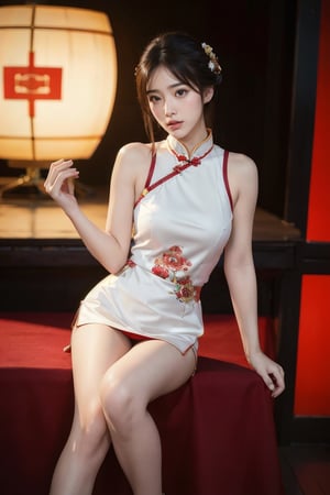 8K, high-definition quality, long lens, panoramic, realistic, full-body shooting (photo realism: 1.9), imagine a radiant girl wearing a luxurious traditional Chinese cheongsam sitting proudly on a brightly lit T stage chair. Her figure and elegance highlight the gorgeousness and cultural heritage of her clothing, creating a harmonious fusion of ancient elegance and contemporary fashion.
