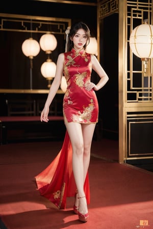 8K, high-definition quality, long lens, panoramic, realistic, full-body shooting (photo realism: 1.9), imagine a radiant girl wearing a luxurious traditional Chinese cheongsam proudly walking on the brightly lit catwalk. Her figure and elegance highlight the gorgeousness and cultural heritage of her clothing, creating a harmonious fusion of ancient elegance and contemporary fashion.
