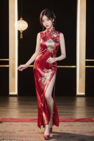 8K, high-definition quality, long lens, panoramic, realistic, full-body shooting (photo realism: 1.9), imagine a radiant girl wearing a luxurious traditional Chinese cheongsam proudly walking on the brightly lit catwalk. Her figure and elegance highlight the gorgeousness and cultural heritage of her clothing, creating a harmonious fusion of ancient elegance and contemporary fashion.
