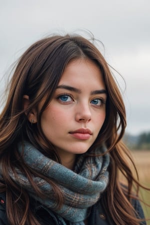 her face looks like "Hülya Avşar", A contemplative portrait of a young woman with windblown brunette hair, her piercing blue eyes conveying a pensive, his eye looks towards the right, thoughtful mood as she gazes inward, [framed by the soft lighting and muted tones of a rustic, rural setting], [with the floral scarf lending a touch of warmth and femininity to the scene], ,realhands