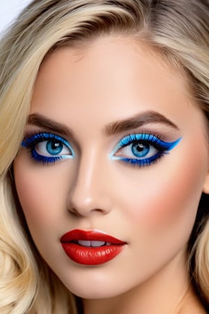 Make a face like Eviehasthefunny , close-up of a woman with blonde hair, blonde and blue eyes, long blonde hair and big eyes, 17 years old, extremely beautiful one face,  portrait, very big lips, detailed ,Realistic Blue Eyes,BIG EYES