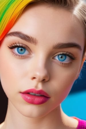 close-up of a woman with  her short hair is rainbow colored, Heterochromia blue eyes, sydney sweeney, her hair is rainbow colored and big eyes, dasha taran, her short hair is rainbow coloredr and blue eyes, her long hair is rainbow colored and big eyes, full esthetic lips, face like ester exposito, 19 years old, extremely beautiful one face,  Alla Bruletova, ,guttojugg1,Short Hair,zavy-hrglw,girl