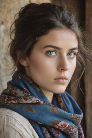 her face looks like Hülya Avşar, A contemplative portrait of a young woman with windblown brunette hair, her piercing blue eyes conveying a pensive, his eye looks towards the right, thoughtful mood as she gazes inward, [framed by the soft lighting and muted tones of a rustic, rural setting], [with the floral scarf lending a touch of warmth and femininity to the scene]