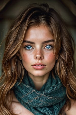 her face looks like "Hülya Avşar", A contemplative portrait of a young woman with windblown brunette hair, her piercing blue eyes conveying a pensive, his eye looks towards the right, thoughtful mood as she gazes inward, [framed by the soft lighting and muted tones of a rustic, rural setting], [with the floral scarf lending a touch of warmth and femininity to the scene], ,realhands