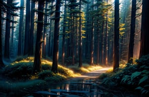 (Masterpiece: 1.3), (Best Quality: 1.3), night sky, pine forest, path, fern, wet earth, cinematic, atmospheric, breathtaking sunsets, ethereal lighting, stunning colors, 8K, mystical, cinematic lighting, dynamic lighting, Octane Render, landscape photography by Mark Adamus.