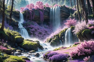A fantastical, hyper-detailed landscape with a massive, multi-tiered waterfall flowing through a vibrant, otherworldly forest. (The scene is filled with an abundance of large, colorful flowers in shades of purple, pink, and blue, creating a dreamlike, enchanting atmosphere). Photorealistic, cinematic lighting, 8K resolution, highly detailed, lush foliage, volumetric effects