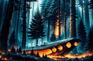 (realism: 1.2), ((volumetric lighting, mesmerizing light, cinematic lighting, lighting, front lighting: 0.5)), Night forest. The alien ship crashed. Parts of the wreckage of an alien ship lie among the pine trees. Smoke, fire, broken trees. fall trench. A dense pine forest through the center of which a river flows. Various flowers glowing with neon light grow at the edges of the river. A light fog adds mystery to the picture.