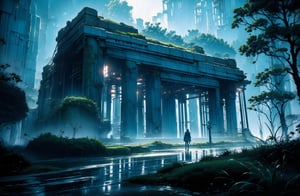 (Masterpiece: 1.3), Other Planet, Night, Futuristic Plants, Horror Atmosphere, Fog, Eerie Lighting, Wet Ground, Futuristic Ruins, Low Lighting, Cinematic, Atmospheric, 8K, Mystical, Dynamic Lighting, Octane Render, Landscape Photography by Mark Adamus,