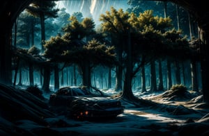 (realism: 1.2), ((volumetric lighting, mesmerizing light, cinematic lighting, lighting, front lighting: 0.5)), ((full body, fully visible body: 1.5)),Night forest. An alien ship crashed. Parts of an alien ship are lying among the pine trees. Smoke, fire, broken trees. trench from the fall