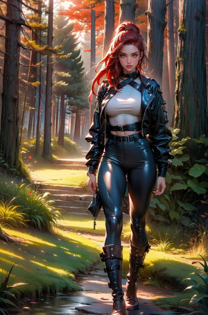 (Masterpiece: 1.3), (Best Quality: 1.3), night sky, pine forest, beautiful girl, tall, muscular, bare abs, leather jacket, red hair, cool hairstyle, bare thighs, round buttocks, harness, no underwear, boots, collar, path, fern, wet ground, cinematic, atmospheric, breathtaking sunsets, aerial lighting, stunning colors, 8K, mystical, cinematic lighting, dynamic lighting, Octane Render, landscape photography by Mark Adamus.