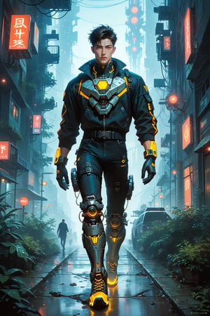 score_9, score_8_up, score_7_up, score_6_up, source_photo, Expressiveh, masterpiece, best quality, super detailed, photograph, realistic,,,,,,,,,,,,,,,,,,,,imagine a picture where the main character is an Asian Korean guy walking along a spaceship in full growth, a high-tech spaceship, neon lighting, manhwa style, artificial lighting, a Korean guy, 30 years old, tall, short hair, muscular, exoskeleton, short jacket with short sleeves, nano armor, cyber implants, nano seams glow with yellow neon, black tight pants, ankle boots with yellow neon soles, exoskeleton, fur, fur robot from behind, armor, runes, spaceship, night, a huge porthole with a view of the planet's orbit, cinematographic lighting, beautiful lighting,