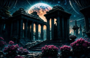 (realism: 1.2), ((volumetric lighting, mesmerizing light, cinematic lighting, lighting, front lighting: 0.5)),Quiet good night. The abandoned ruins of an ancient alien state are faintly illuminated; the soft moonlight spreads beautifully onto the surface. The ancient ruins are covered with moss and an unknown type of pink flowers that shine brightly in the pitch darkness where the moonlight does not reach. An atmosphere of mysticism and horror fills the old ruins of an ancient alien city that has sunk into oblivion. The beautiful night sky emphasizes the fantastic grandeur of the ancient structures. In the distance there is a gigantic statue, covered in cracks and covered with thickets of vines and moss, depicting the ancient god of aliens. Beautiful lighting makes you feel delight and awe from the quiet technologies that they owned