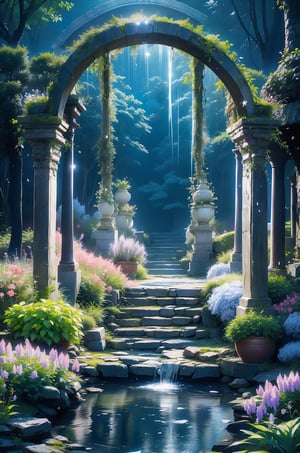 Night garden of an ancient castle. Beautifully lit with old fluorescent lamps. The large area is covered with many different flowers. Lush flowering trees grow on which soft moonlight falls. A beautiful path leads through an arch of plants through which the soft blue rays of the night sky randomly break through. There is a stream in the center of the garden