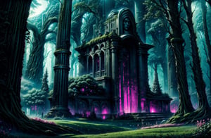 Quiet, good night. The trees standing in the darkness are dimly lit, soft moonlight spreads beautifully across the surface. The ancient ruins are covered in moss and an unknown species of pink flowers, shining brightly with neon light in the pitch darkness where the moonlight cannot reach. An atmosphere of mysticism and horror fills the old ruins of an ancient alien city that has sunk into oblivion. The beautiful night sky emphasizes the fantastic grandeur of the ancient structures. In the distance you can see a gigantic statue, covered in cracks and covered with thickets of vines and moss. The beautiful lighting evokes a sense of excitement and awe at the quiet technology they possessed. Neon plants spread across the forest and the light is dim.