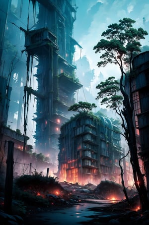 (Masterpiece: 1.3), Other Planet, Night, Futuristic Plants, Forest, Destroyed Buildings, Apocalyptic Atmosphere, Horror Atmosphere, Monsters, Fear, Ruins, Plants, Fog, Scary Lighting, Wet Ground, Futuristic Ruins, Low Lighting, Cinematic, Atmospheric, 8K, Mystical, Dynamic Lighting, Octane Render, Landscape Photography by Mark Adamus,