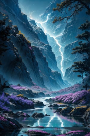 Fantastic landscape. A distant desert planet, with various rocky landscapes, stone islands flying in the air with normal vegetation. There is a mountain stream with a small blue lake, the water glows softly due to the presence of luminescent algae in it. Unusual flowers, pale purple in color, located along the edges of the lake glow dimly and disperse the darkness of the impenetrable night, illuminating the strange forest. A beautiful and fabulous atmosphere is created from which warmth emanates. Lightning flashes sparkle in the dark night sky, illuminating areas of the dark forest